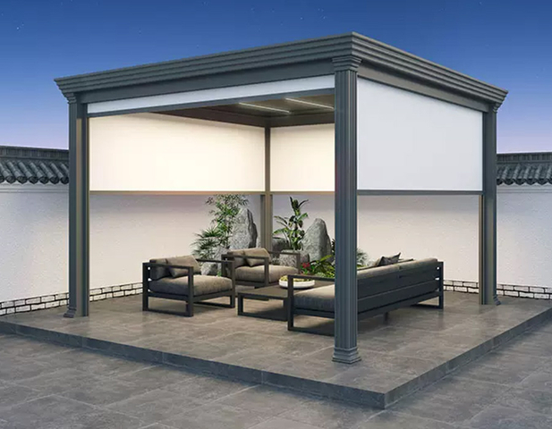 Aluminiowa pergola z elektrycznymi zasłonami wiatroodpornymi