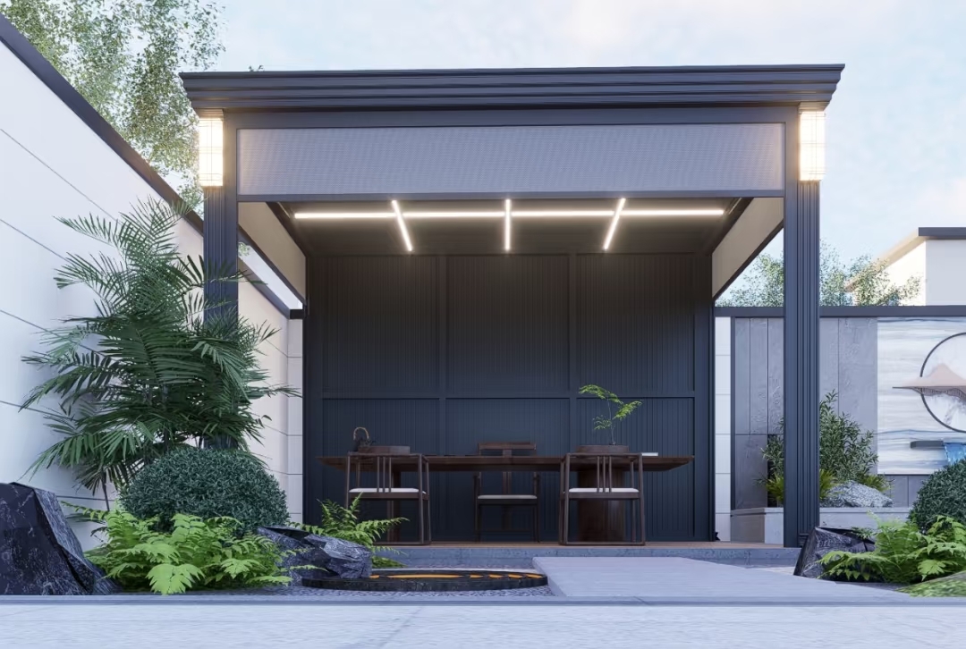 Sturdy Aluminum Pergola with Windproof Curtains – All-Weather Protection