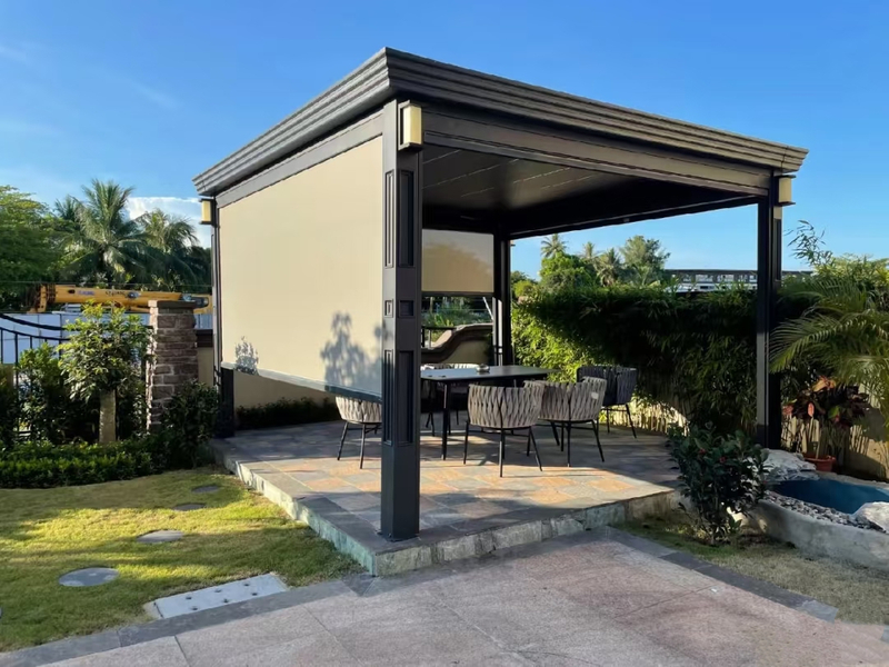 Sturdy Aluminum Pergola with Windproof Curtains – All-Weather Protection