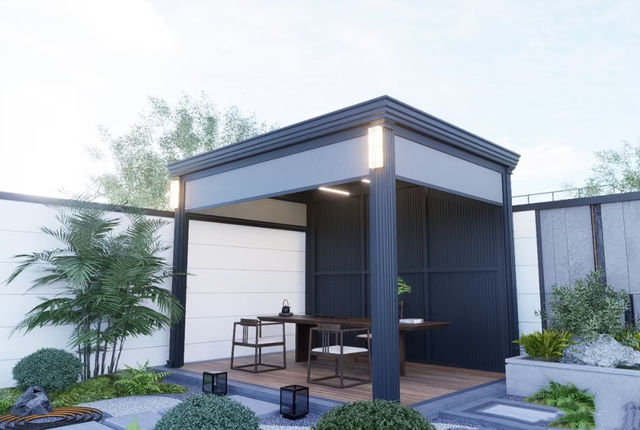 Sturdy Aluminum Pergola with Windproof Curtains – All-Weather Protection