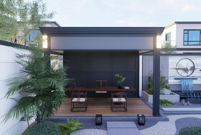 Sturdy Aluminum Pergola with Windproof Curtains – All-Weather Protection